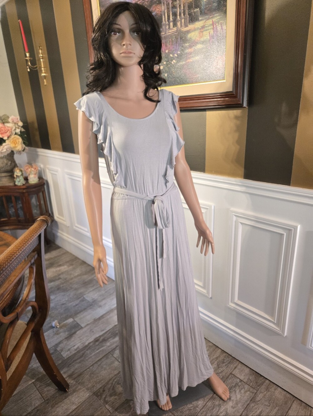 Calvin Klein Light Gray Ruffle Sleeve Maxi Dress with Tie Waist